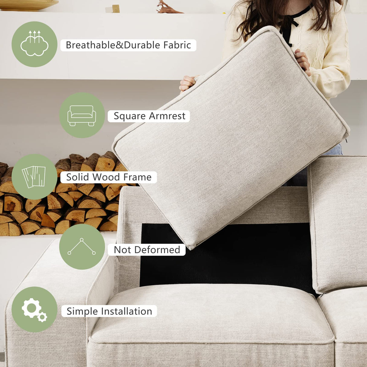 LEISLAND 88.58" Modern Sofas Couches for Living Room, Chenille Sofas & couches with Square Armrest, Removable Low-Back Sofa Cushion and Detachable Sofa Cover/Easy to Install(Beige) LEISLAND