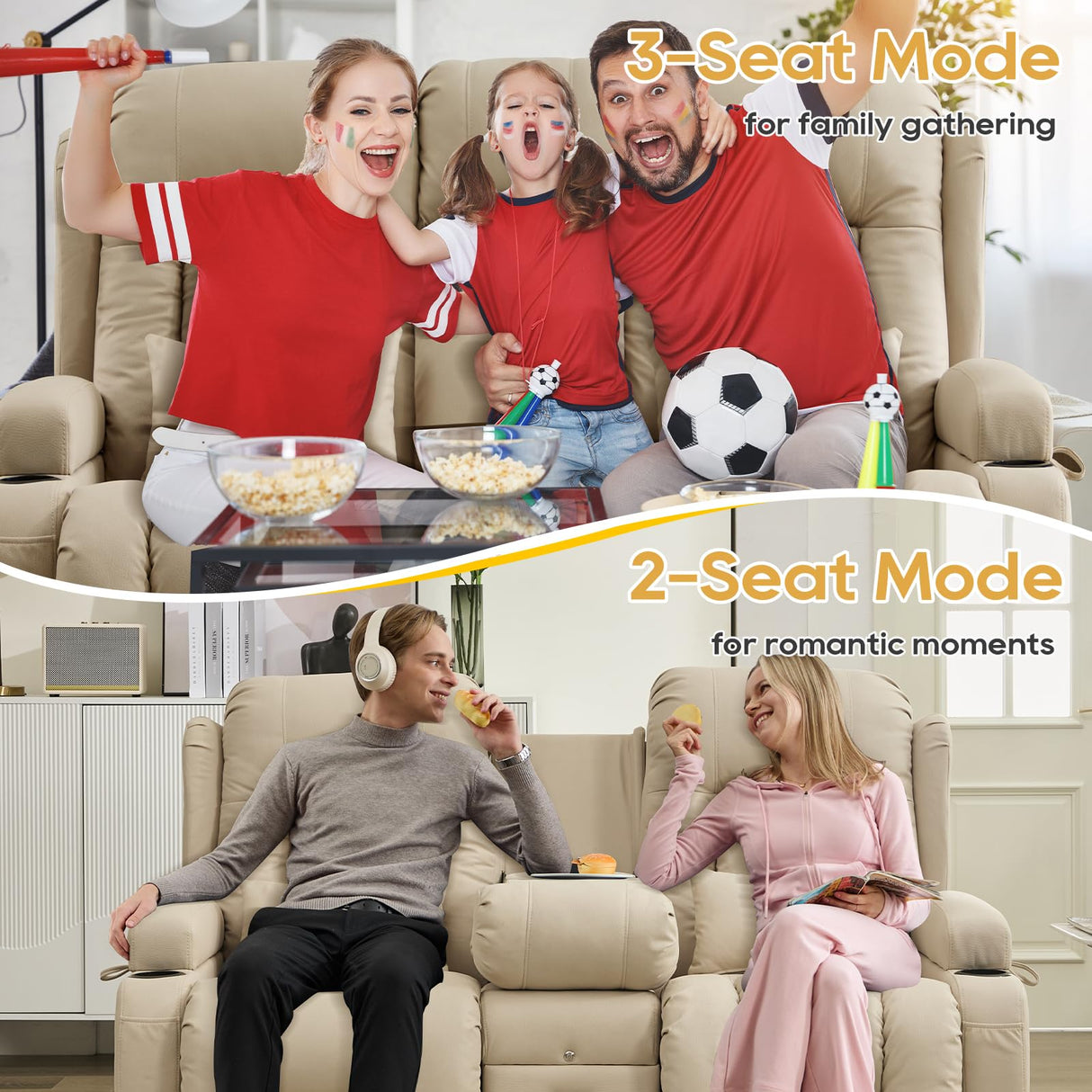 IPKIG Power Loveseat Recliner Sofa with Flip-Up Backrest Console, Drawer, AC Outlet, LED Light, Bluetooth Speakers, Wall Hugger Recliners for Living Room, RV, Home Theater (Beige, Loveseat) IPKIG