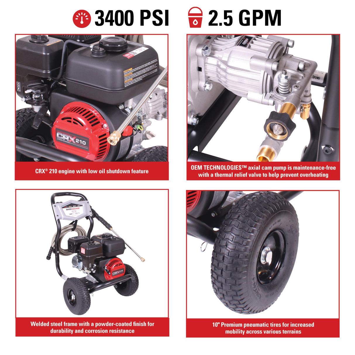 SIMPSON Cleaning CM61083 Clean Machine 3400 PSI Gas Pressure Washer, 2.5 GPM, CRX Engine, Includes Spray Gun and Wand, 4 QC Nozzle Tips, 5/16-in. x 25-ft. MorFlex Hose, 49-State SIMPSON