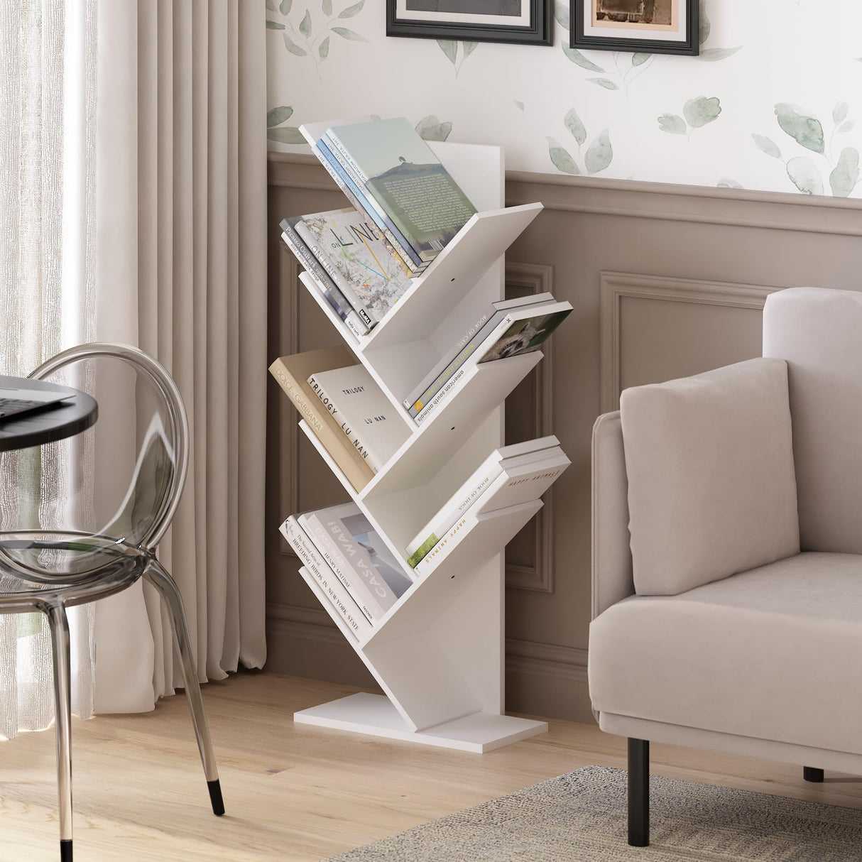 Furinno Tree Book Shelf, 7-Tier Bookshelf, Tree Bookcase for Room Decor, 8.4 x 15.7 x 39.4, for Living Room, Bedroom, Home Office, White Furinno