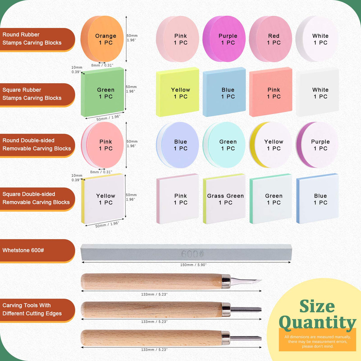 Keadic 24 Pieces Block Printing Starter Tool Kit, Rubber Stamps Making Set with Round & Square Rubber Carving Blocks, Linoleum Cutter Tools & Grindstone for Stamp Carving and Printmaking Keadic