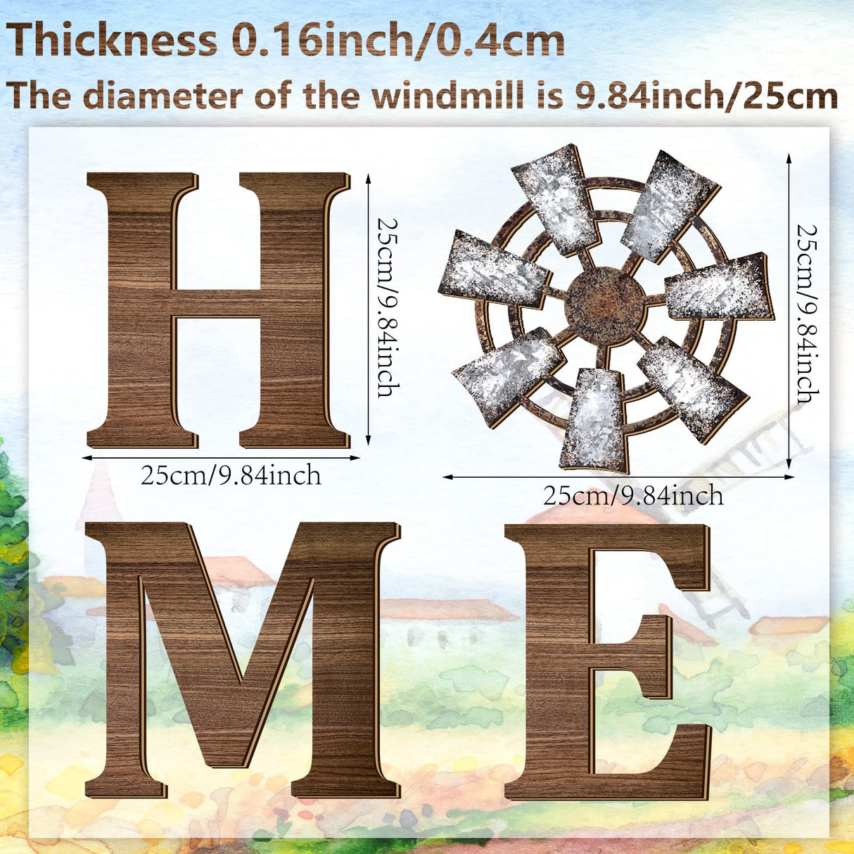 Qunclay 4 Pcs Windmill Wall Decor Wooden Home Letters Decoration Rustic Farmhouse Home Hanging Wood Sign Farmhouse Wall Decor for Living Room Kitchen Bedroom Porch(Brown) Qunclay