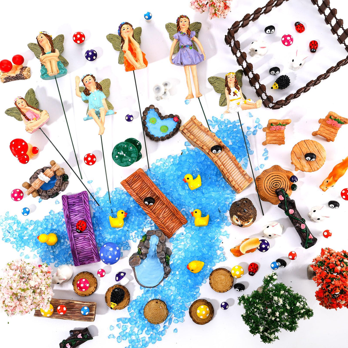 HIYZI 100 Pcs Fairy Garden Accessories Miniatures Figures Kit Micro Landscape Terrarium Ornaments Resin Mushroom Animal Fake Pond Lawn Bridge Garden Dollhouse Decoration HIYZI