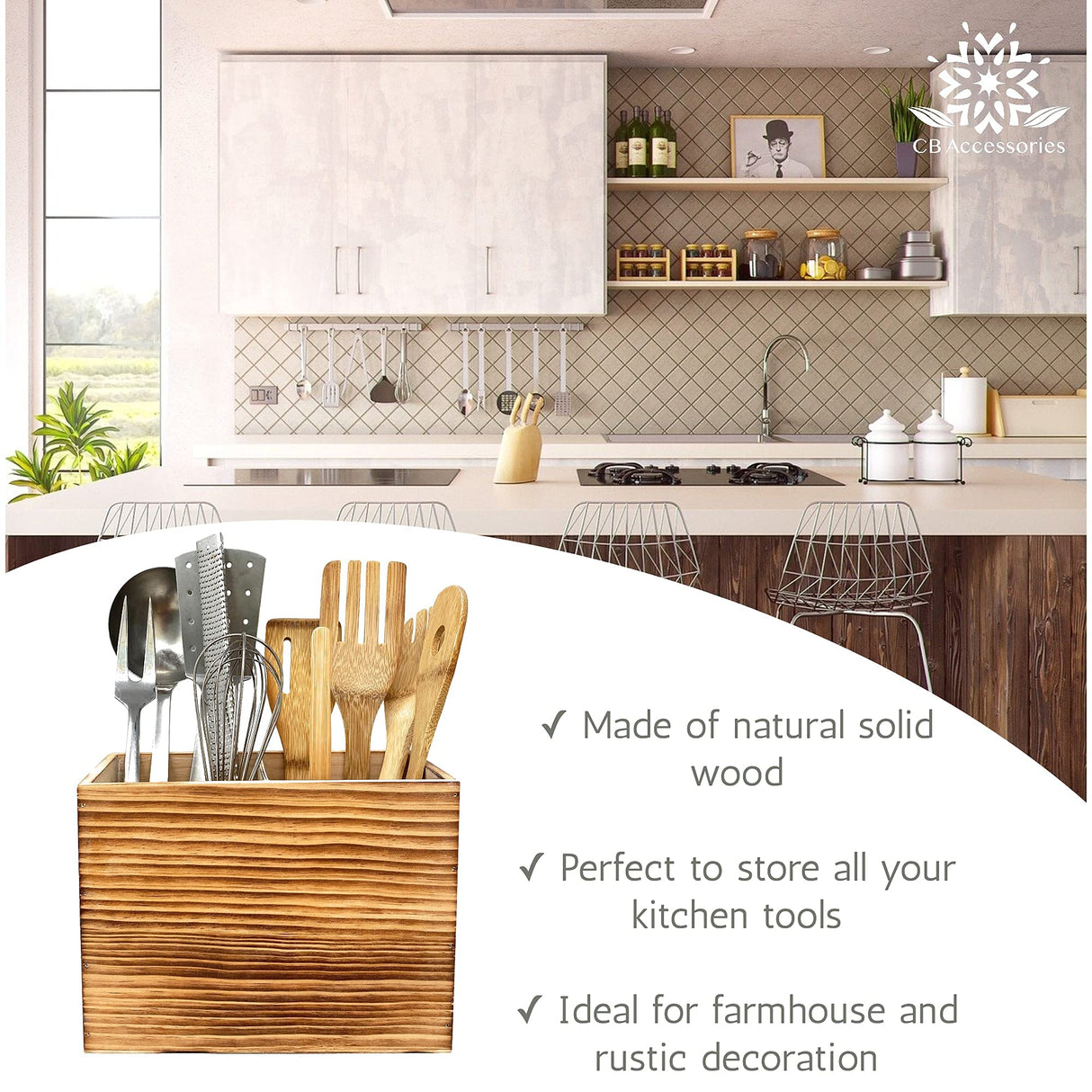 CB Accessories Utensil Holder in Rustic Wood for Kitchen Countertop Organizer and Cooking Tools Storage (Double Compartment) CB Accessories