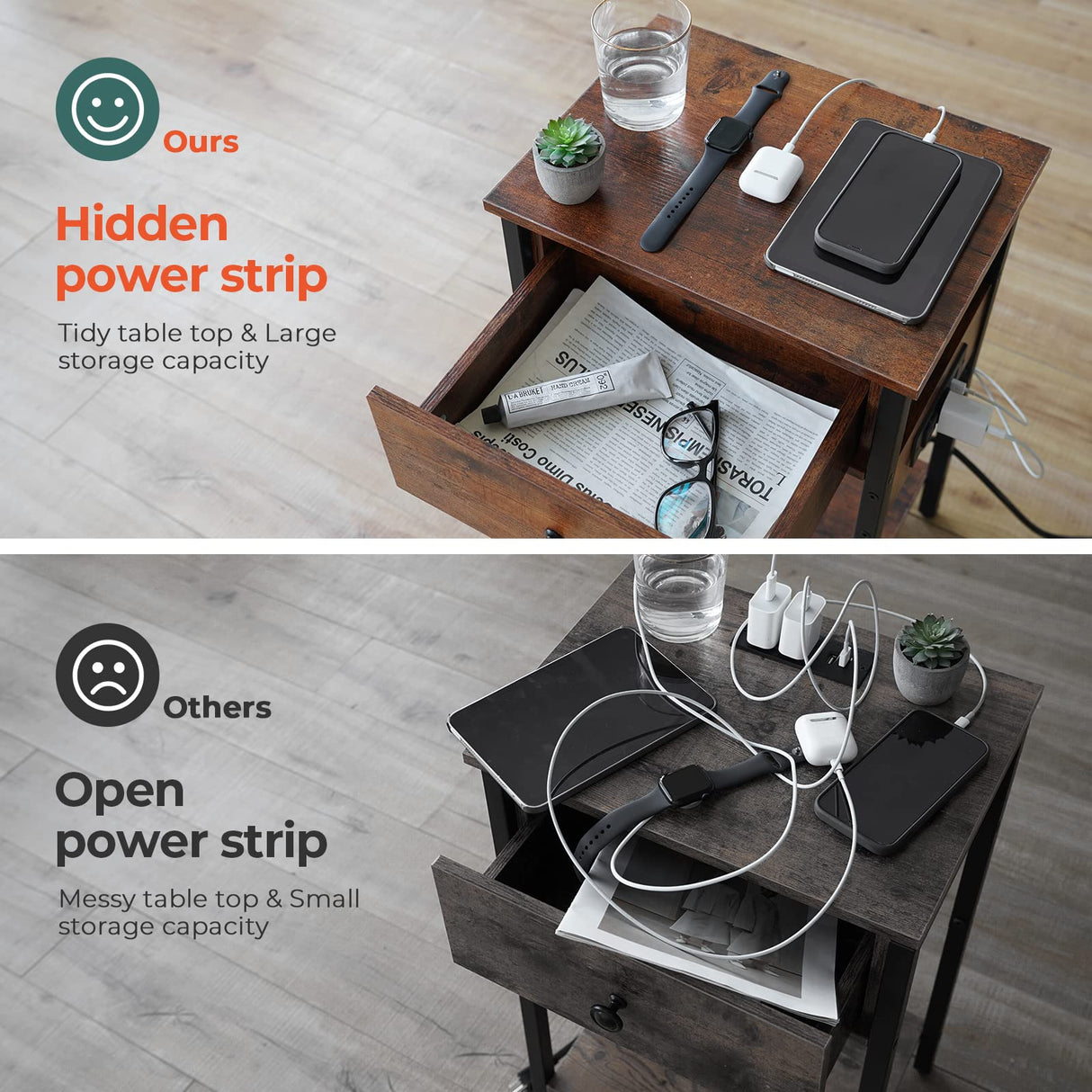 Yoobure Nightstand with Charging Station, Side Table End Table with Large Drawer and Storage Shelf, Bed Side Table/Night Stand with USB Ports & Outlets, Rustic Bedside Tables for Bedroom, Living Room Yoobure