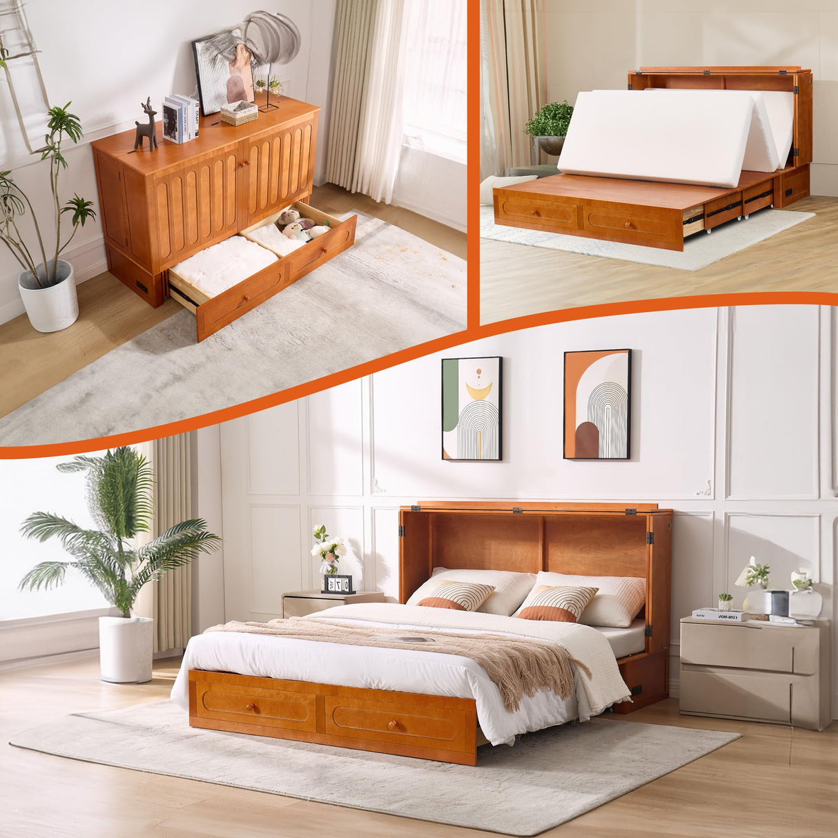 FACAAJ SPO Queen Murphy Bed with Mattress Included, Murphy Bed Cabinet Queen with Drawers and Charging Station for Small Apartments, Home Offices(Stripe Pattern, Cherry) FACAAJ SPO