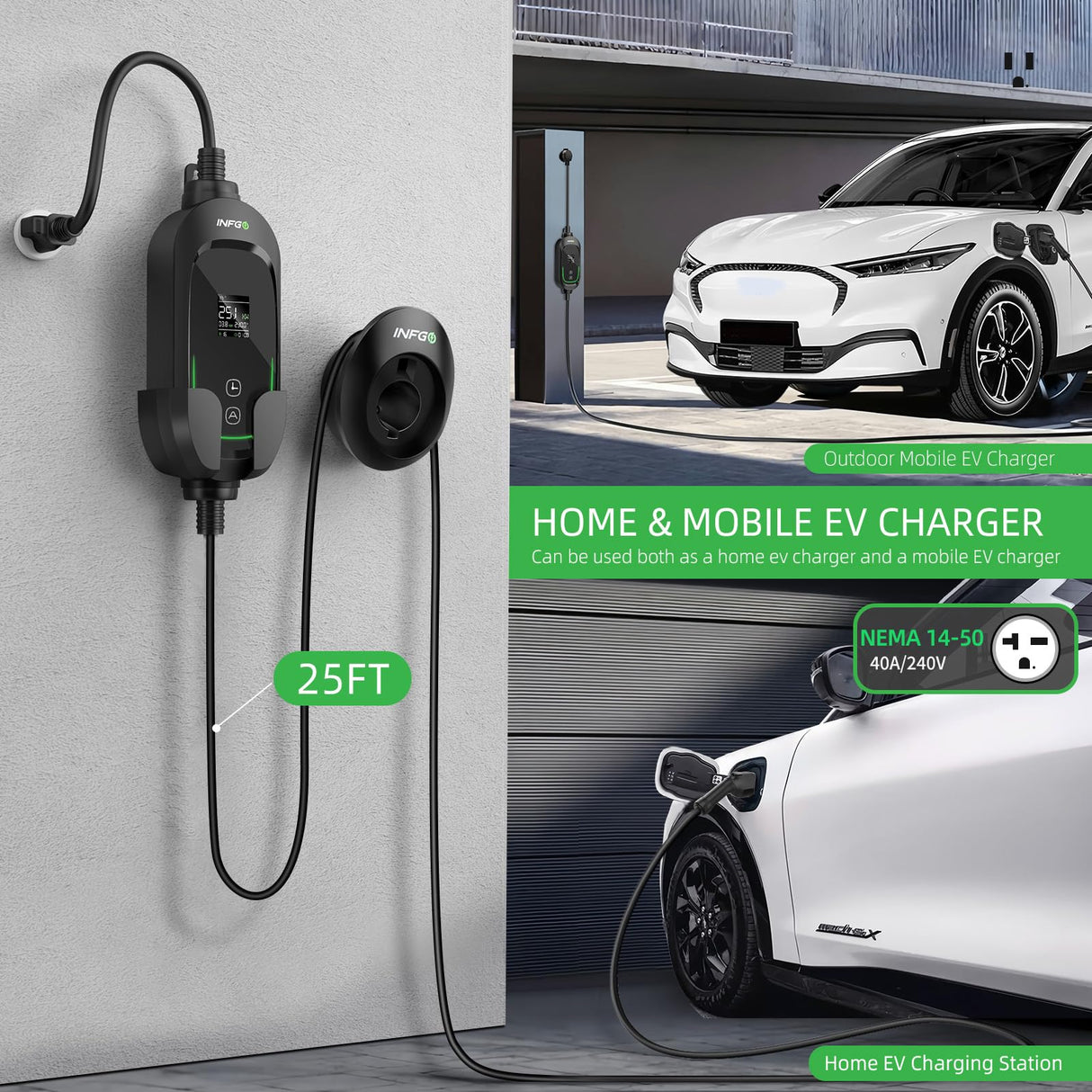 INFGO Level 2 EV Charger, 40 Amp, Portable EV Charger for Home, J1772, 25ft Cable, 240V, Charging Stations with LED Display and Breath Ring Indicator, NEMA14-50 Plug INFGO