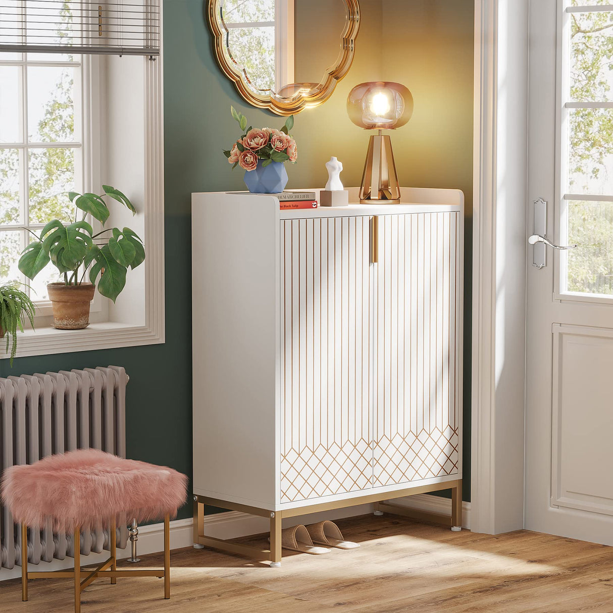 Tribesigns White, 25 Pair Shoe Cabinets with Doors, 5-Tier Modern Shoe Rack Organizer Cabinet, Freestanding Wood Storage Cabinet with Gold Metal Frame for Bedroom Hallway Living Room Tribesigns