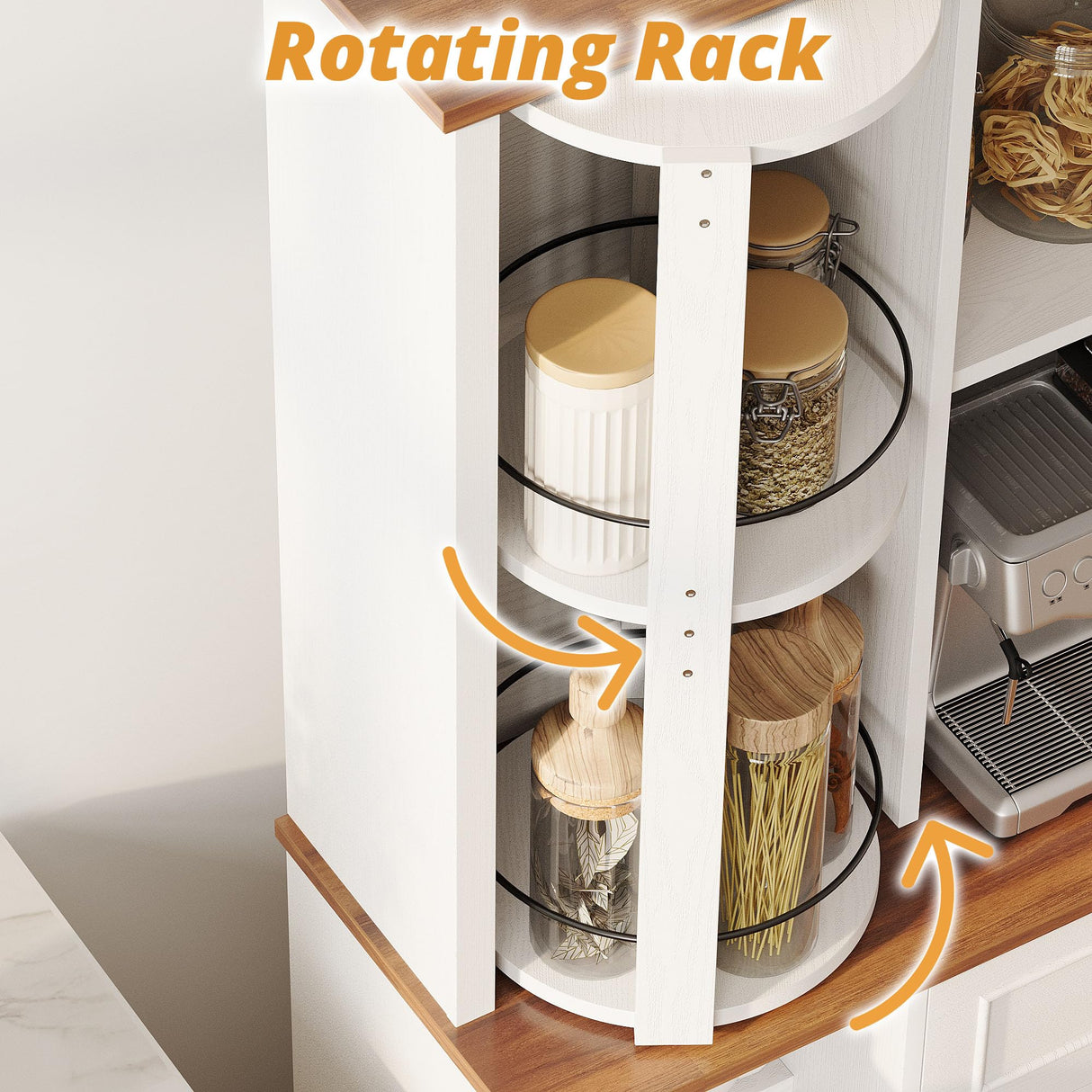 IRONCK Farmhouse Kitchen Pantry Cabinet with Charging Station, Kitchen Hutch Storage Cabinet with Microwave Stand and Rotating Rack for Kitchen, Dining Room, White IRONCK