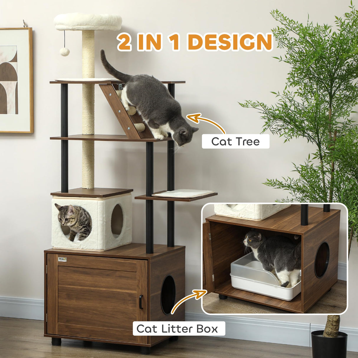 PawHut 68.5" Cat Tree with Litter Box Enclosure, 2 in 1 Cat Tower for Indoor Cats, Hidden Litter Box Furniture with Scratching Posts, Washable Cushions, Condo, Bed, Ladder, Dangling Ball Toy, Brown PawHut
