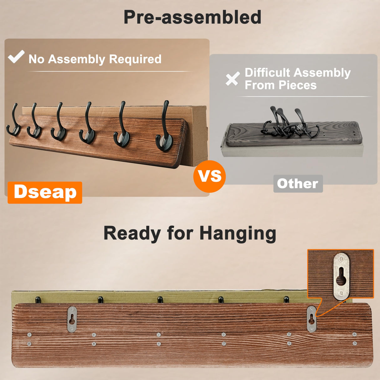Dseap Coat Rack Wall: 38-1/4" Long, Patented, Heavy-Duty, 10-Double-Hooks Wooden Wall Mounted Coat Rack Coat Hanger Hook Rail for Winter Coats Hat Jacket Clothing, Natural & Black Dseap