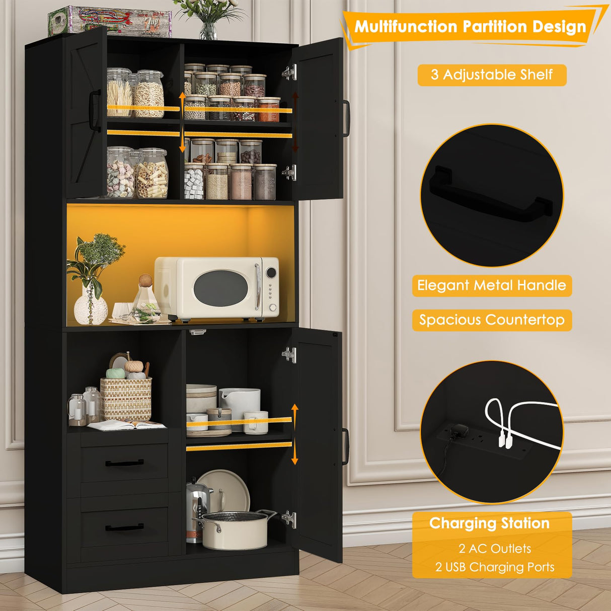 Frmobepts Kitchen Pantry Storage Cabinet with LED Lights and Power Strip, Tall Farmhouse Kitchen Pantry with Barn Doors and Drawers, Adjustable Shelves for Dining Living Room (Black) Frmobepts