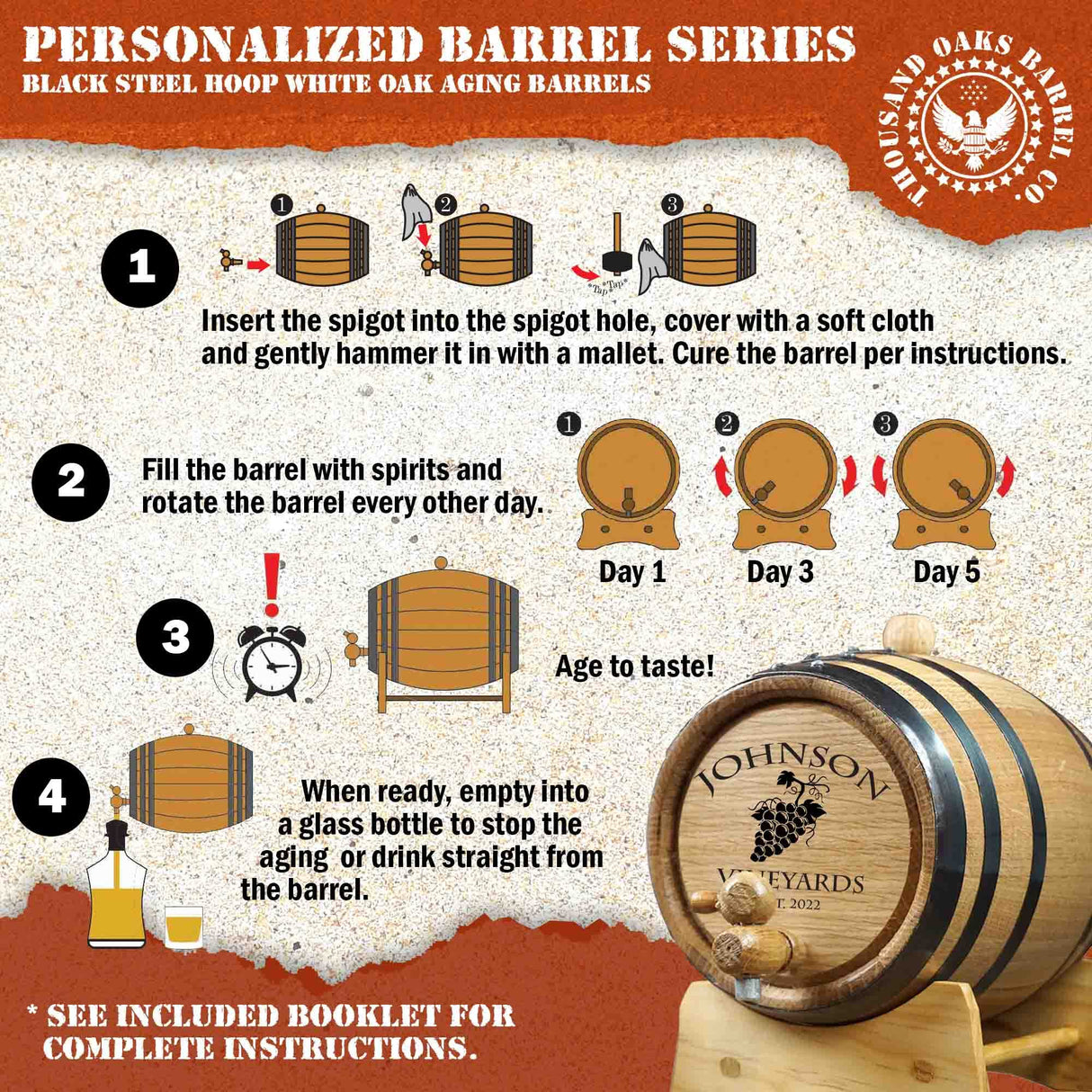 Personalized 10 Liter Oak Wine Barrel (2.5 gallon) with Stand, Bung, and Spigot | Small Wine Barrels for Home Aging | Engraved Custom Wine Barrel THOUSAND OAKS BARREL