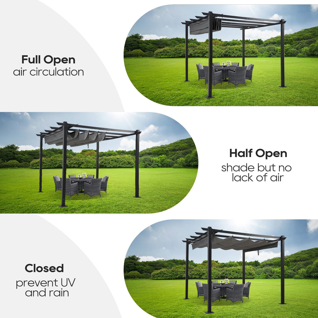 ONLYCTR 10'X10' Outdoor Retractable Pergola, Aluminum Outdoor Pergola with Retractable Sun Shade Canopy, Heavy Duty Pergolas Shelter Pergola for Garden, Porch, Poolside, Backyard BBQ ONLYCTR