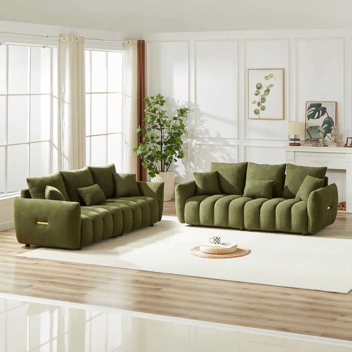 Wrofly Teddy Cloud Sofa Couch, Comfy Upholstered Sherpa Deep Seat Boucle Sofa, Cozy Modern 3 Seater Couch with 3 Pillows, Oversized Loveseat for Living Room Apartment Office, Olive Green Wrofly