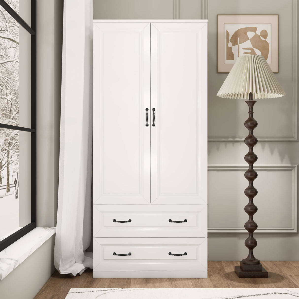 NewBeth 71" Wood Armoire Wardrobe Closet with 2 Doors and 2 Drawers, Clothes Storage Organizer Cabinets with Hanging Rod Freestanding Wardrobe for Bedroom, White (Style1) NewBeth