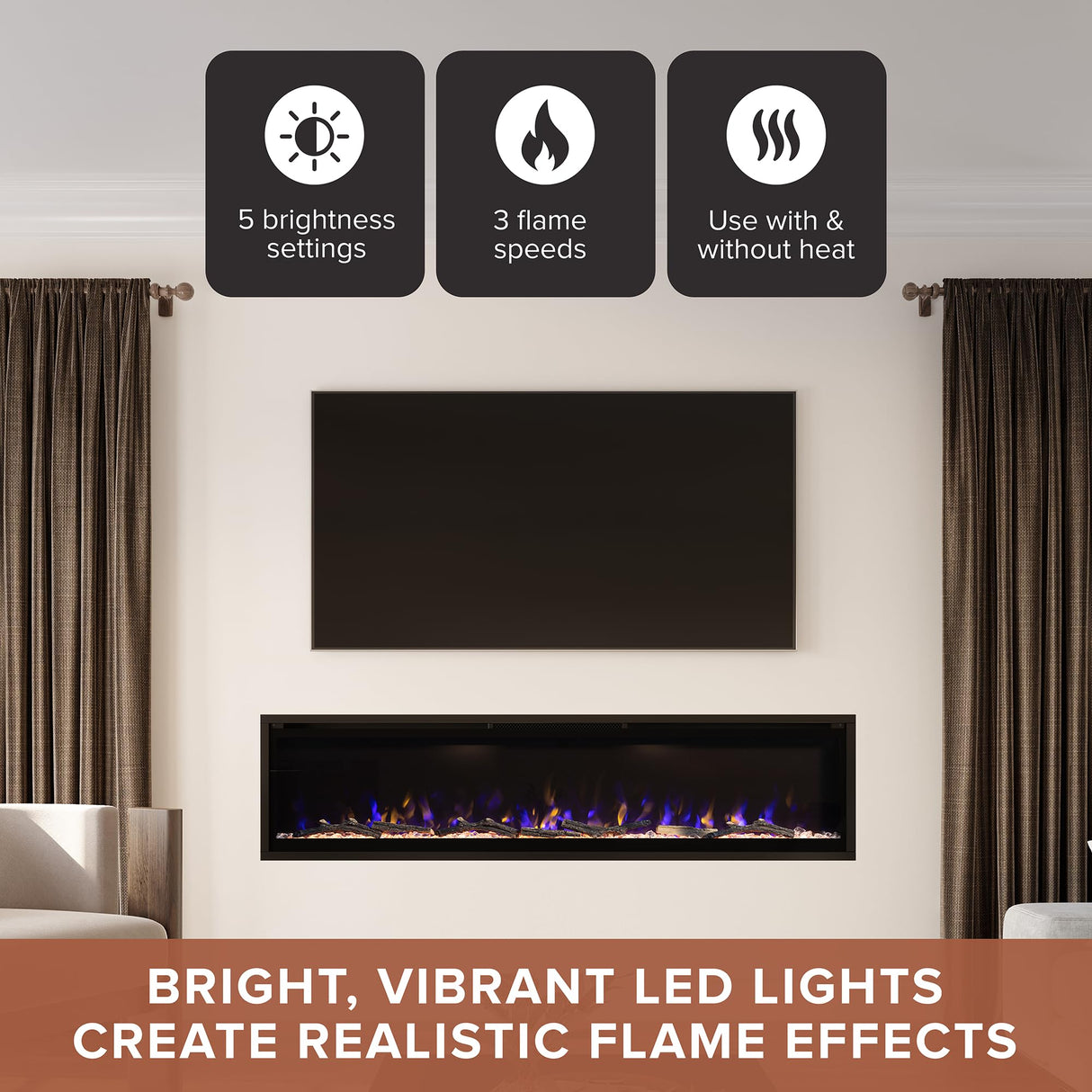 Modern Ember Aerus 72 Inch Smart Linear Electric Fireplace - Recessed in-Wall and Wall-Mount, Multiple Flame Colors, Compatible with Alexa and Google Assistant, Black Modern Ember