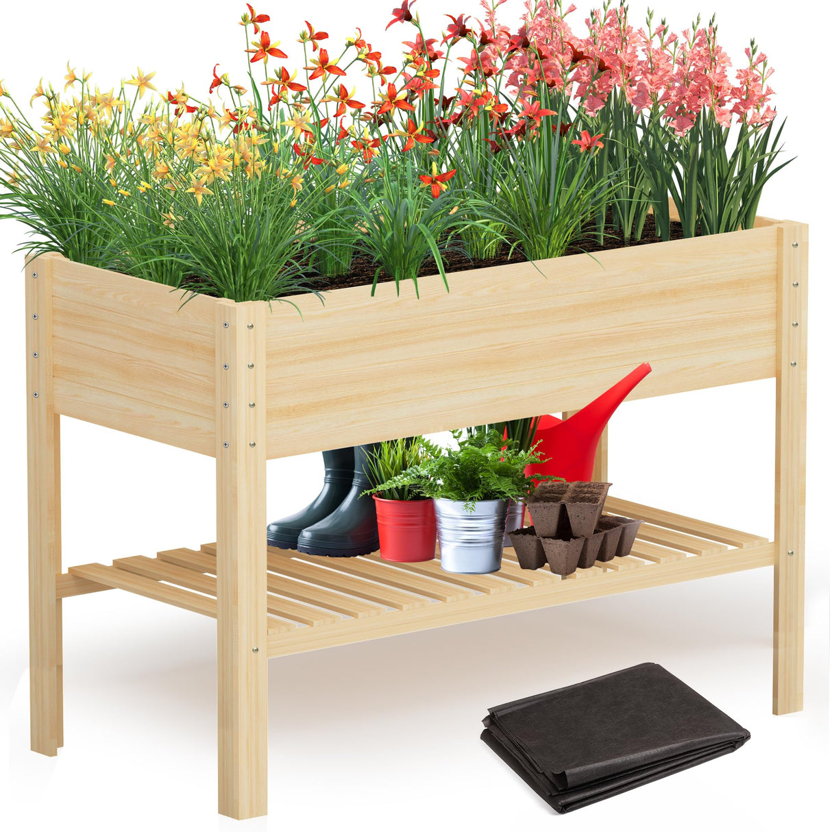 Highpro Wooden Raised Garden Bed with Legs, 48x24x30in Elevated Planter Box Stand Outdoor with Large Storage Shelf and Bed Liner for Backyard, Patio, Natural Cedar Wood Highpro