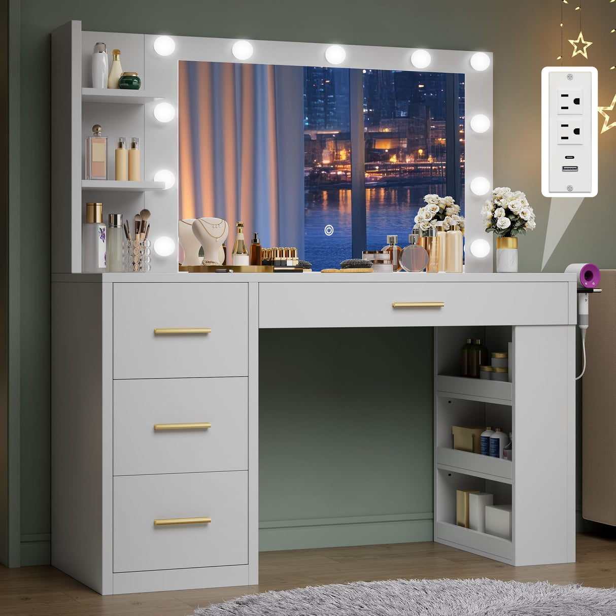DWVO Vanity Desk with Mirror, Large Makeup Table with Power Outlets, 11 LED Bulbs, 3 Adjustable Light Modes, 4 Drawers and Built-in Shelves, Hollywood Dressing Vanity Desk Set for Bedroom, White DWVO