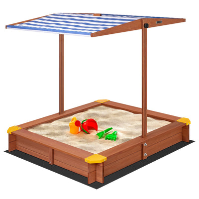 VIVOHOME 46.5 Inch x 46.5 Inch Covered Wooden Sandbox Height Angle Adjustable with Rotatable UV-Resistant Canopy Sand Protection Bottom Liner for Home Backyard Beach Outdoor