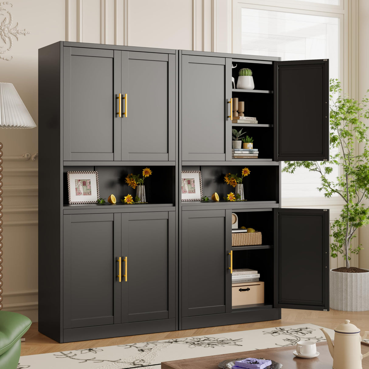 71”H Versatile Metal Pantry Storage Cabinet with Adjustable Shelves and Feet - Black 4-Door Design erosoei