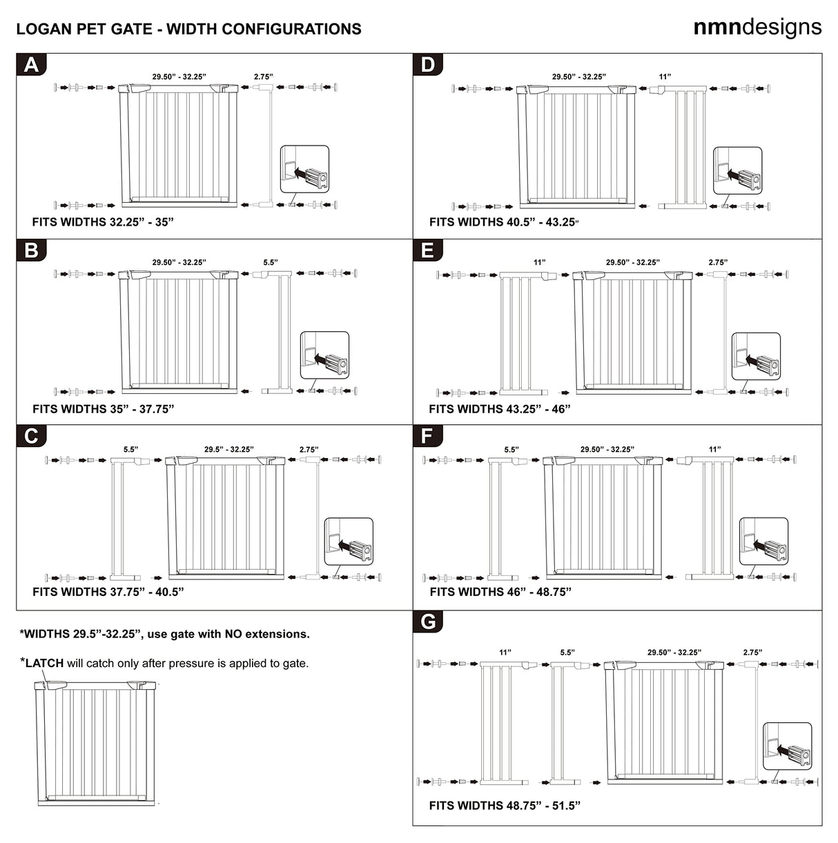 NMN Designs Logan Dog Gate - Indoor Pet Barrier and Wooden Dog Gate with Walk Through Swinging Door - Pressure Mounted for Walls and Stairs - Puppy Gates for The House - Expandable 29.5" to 51.5" NMN Designs