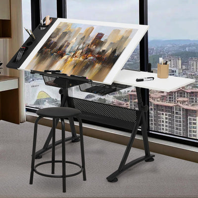 SFIHOME Drafting Table with Height Adjustable Wood Top, Drawing Table with Storage Drawers, Extendable Design, Art Desk Ideal for Drawing, Painting, Writing, Home Office, White