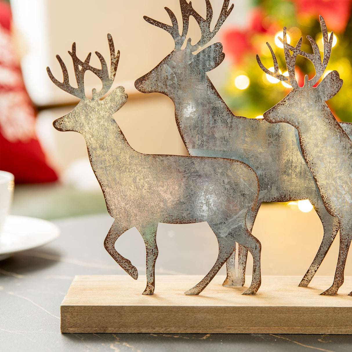 Glitzhome Christmas Reindeer Table Decoration, 12.81 Inches Metal Reindeer Decor with Wood Base, Farmhouse Galvanized Deer Decor for Home Rustic Xmas Mantle Shelf Desk Glitzhome