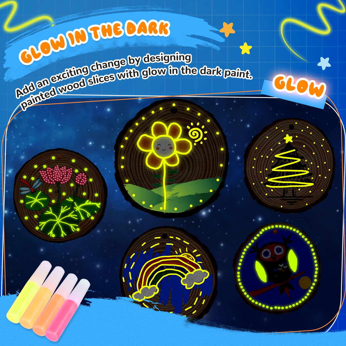 Wooden Painting Kit Crafts Kit for Kids Ages 6-12, 24 Wood Slices Glow in The Dark Arts and Crafts with Painting Craft Activities Kits, Creative Art Toys for 5, 6, 7, 8, 9, 10, 11, 12 Year Old Kids Ideashop