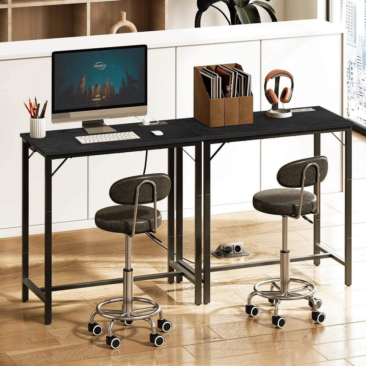 HOOBRO Bar Table with Charging Station, Rectangular Pub Table, High Top Coffee Table, Counter Bar Height Table, Narrow Long Dining Table, 35.4" L x 15.7" W x 35.6" H, Black BB90UBT01N1 HOOBRO