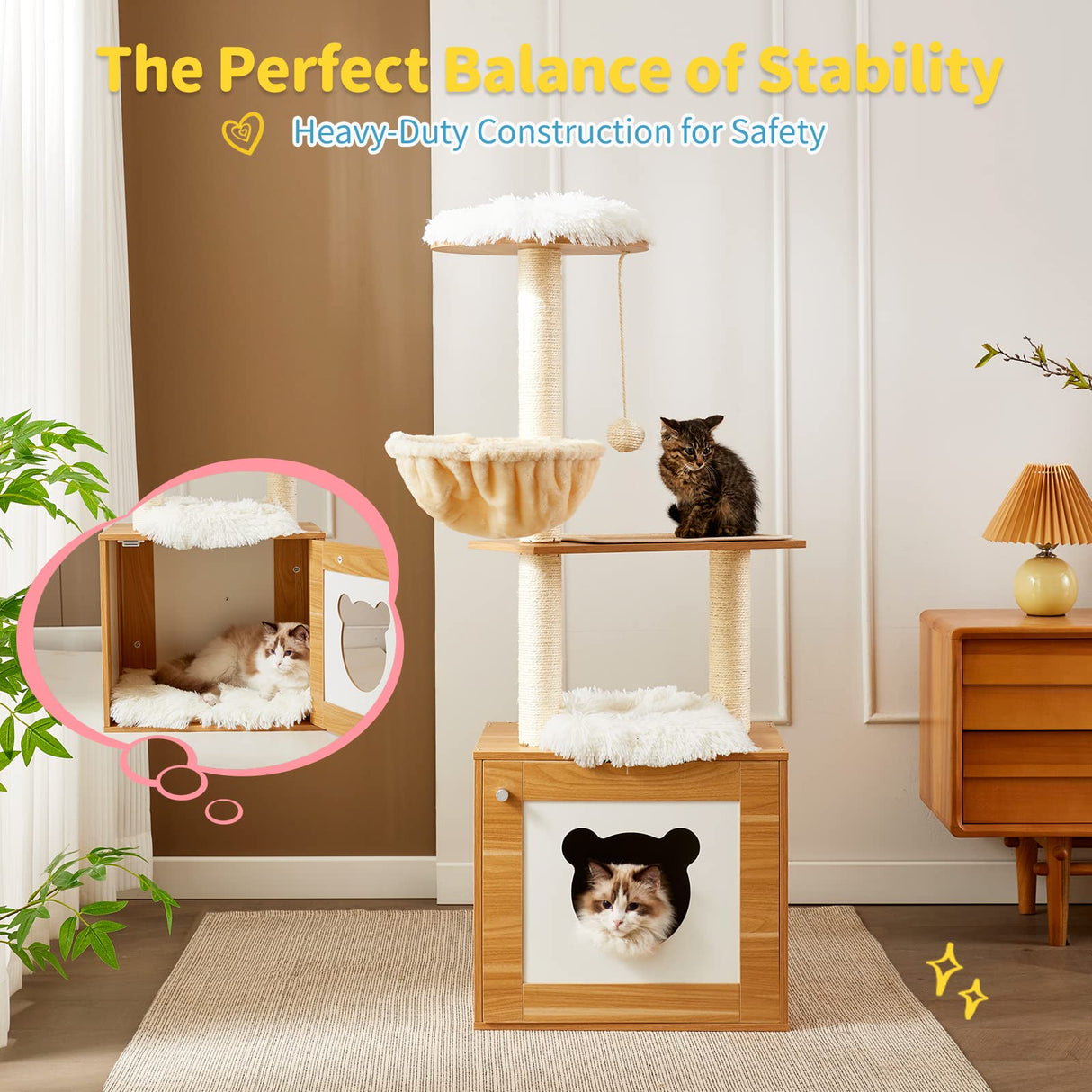 Made4Pets Cat Tree with Litter Box Enclosure, 2-in-1 Modern Cat Tower for Indoor Cats, 48.6" Wood Kitten Condo with Scratching Post and Hammock, Removable Scratch Pad for Large Cats MADE 4 PETS