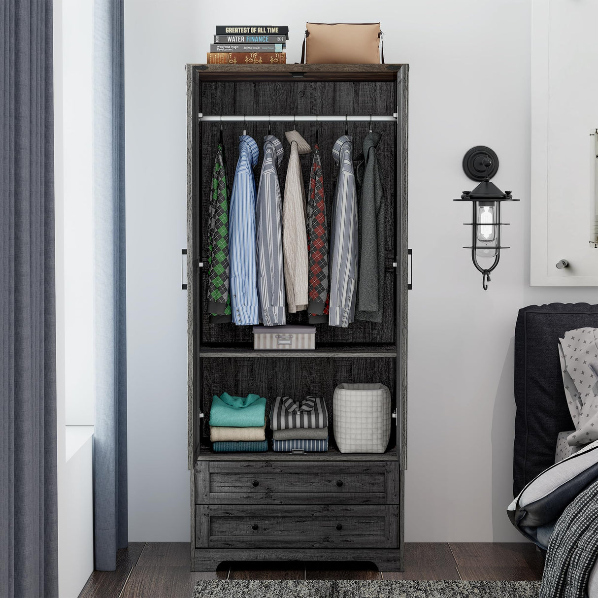 Yechen 71" Wooden Armoire Wardrobe Closet - Modern Functional Clothes Tall Storage Cabinet with Adjustable Shelf and Hanging Rail, Sturdy Freestanding Closet Wardrobe with 2 Wide Drawers for Bedroom Yechen