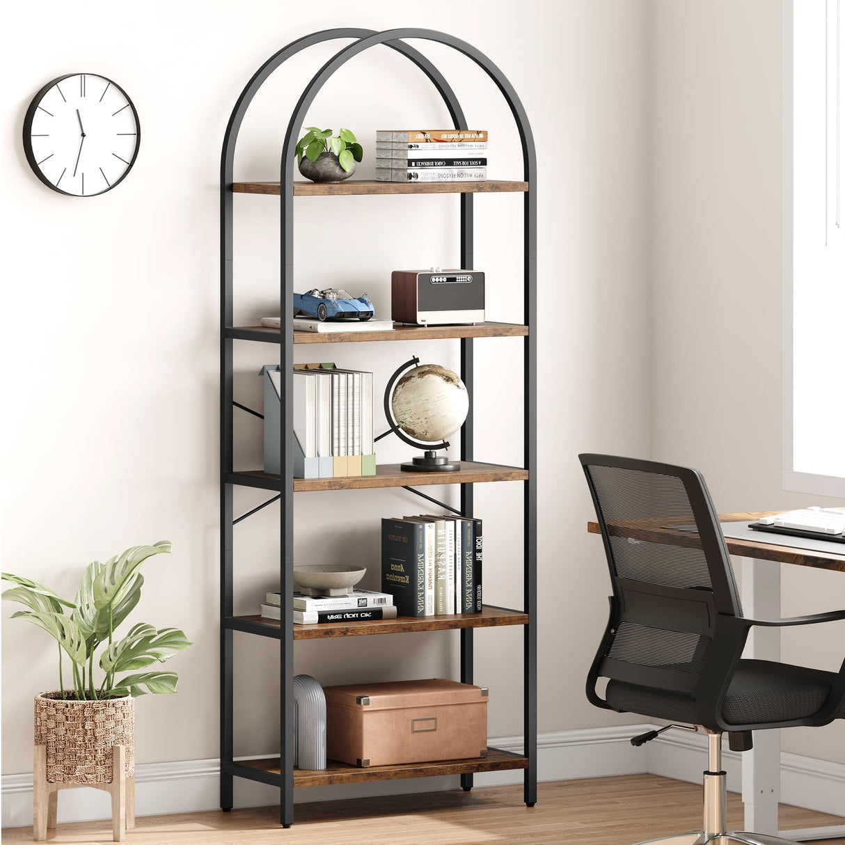 IDEALHOUSE Bookshelf Arched Bookcase 5 Tier Display Racks Tall Standing Bookshelves Modern Storage Rack Shelf Wood Book Shelf for Bedroom, Living Room, Home Office IDEALHOUSE