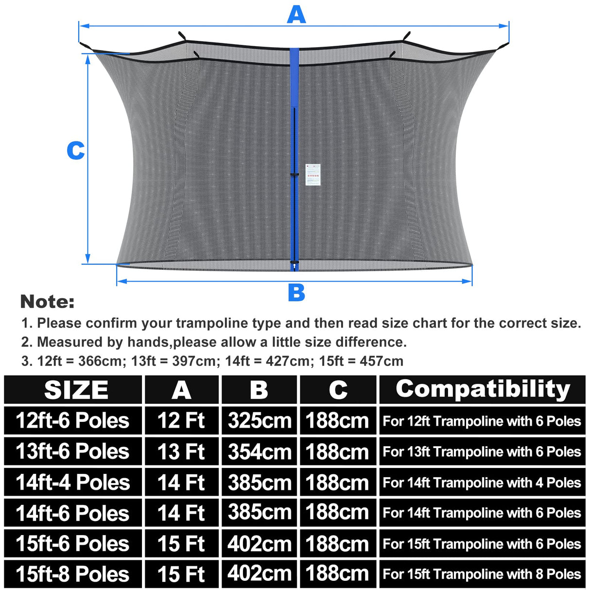 NONMON Trampoline Net Replacement for Straight 6 Pole, 14ft Trampoline Net Round Frame Safety Enclosure Net UV-Resistant Weather-Resistant Breathable Durable Net with Adjustable Straps(Net Only) NONMON