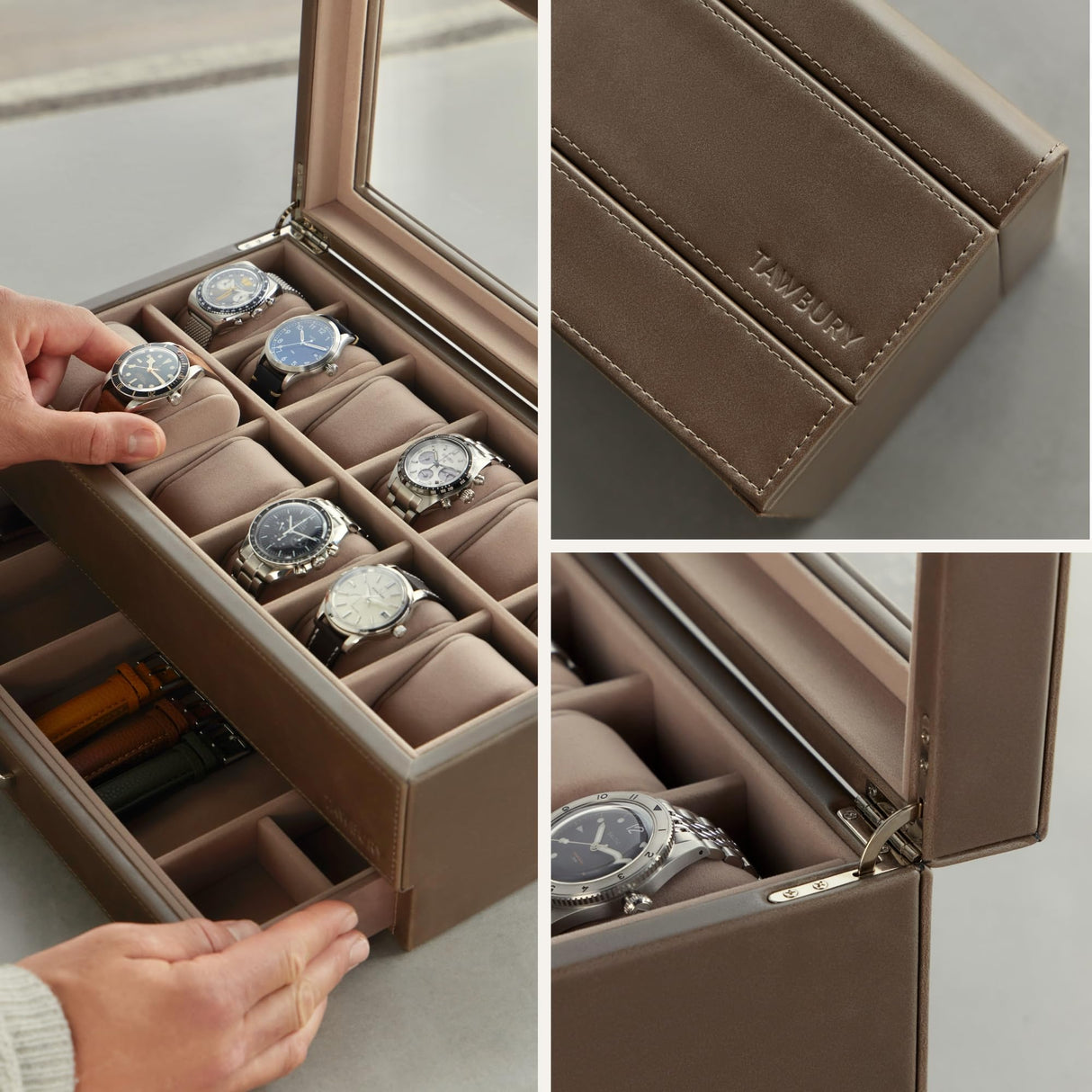 TAWBURY 12 Slot Watch Box with Storage Drawer – Premium Watch Storage Case for Men & Women | Handcrafted from PU Leather & Engineered Wood | Wrist Watch Display Case (Taupe) TAWBURY