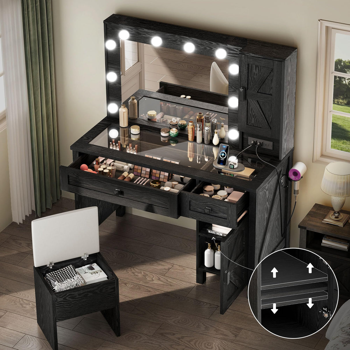 DWVO Farmhouse Vanity Desk with Light and Hollywood Makeup Mirror, Large Storage Space Vanity Set with 2 Drawers & 2 Cabinets, Dressing Table for Bedroom, Stool Included, Black DWVO