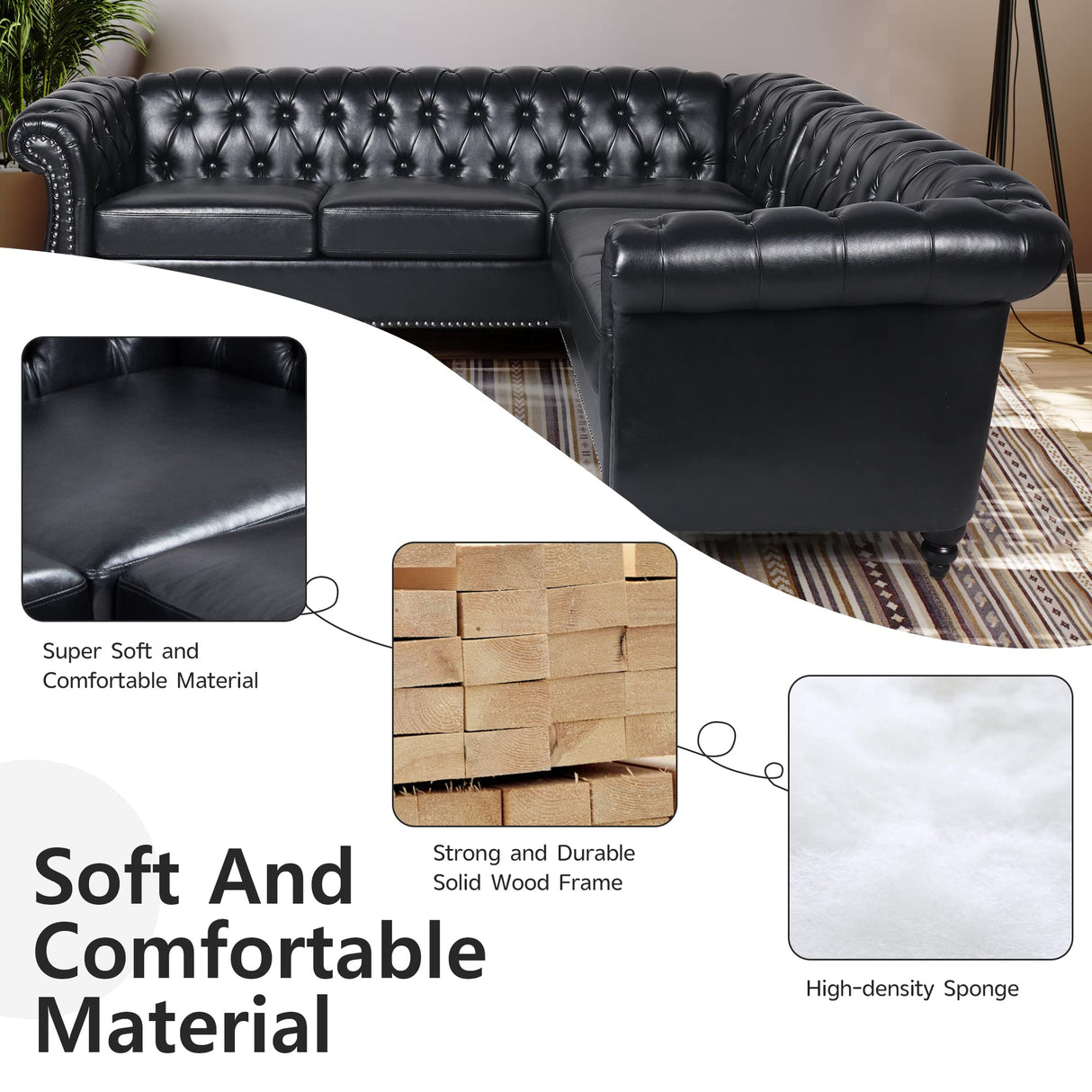 QHITTY L-Shaped Sofa, Sectional Chesterfield Leather Couch 5-Seater Upholstered Small Accent Tufted Sofa with Rolled Armrest and Nailhead Design for Living Room, Apartment, Office (Black) QHITTY