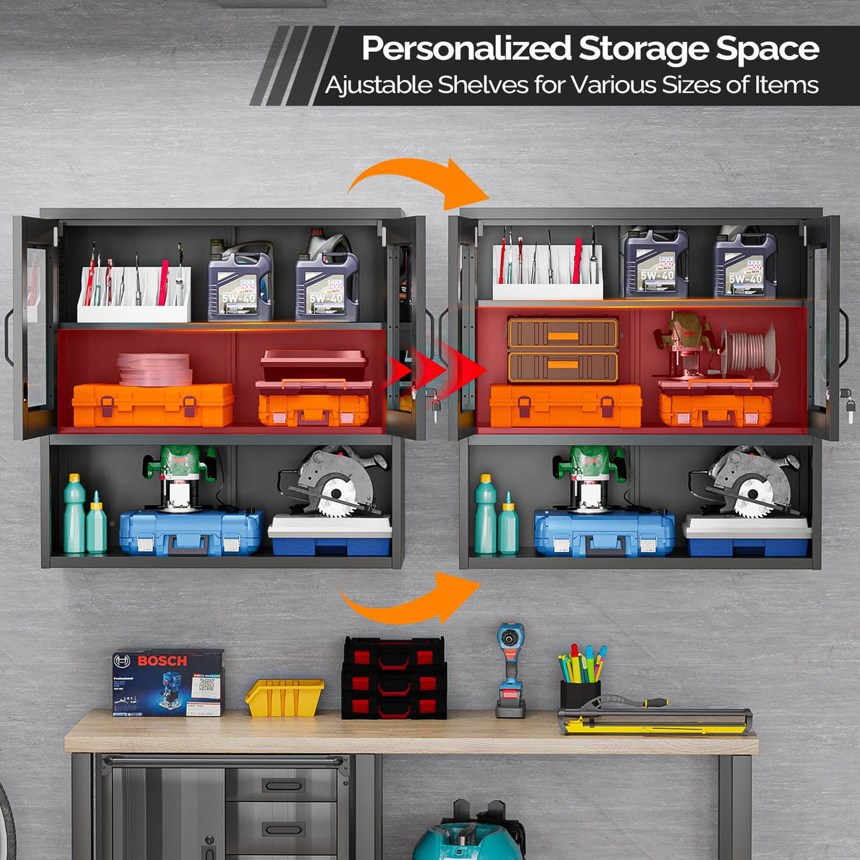 VINGLI Metal Wall Cabinet with Locking Glass Doors & Magnetic LED Sensor Light, Adjustable Shelf, Wall Mounted Storage Display Cabinets for Garage, Kitchen, Home Office, Warehouse, Living Room, Black VINGLI