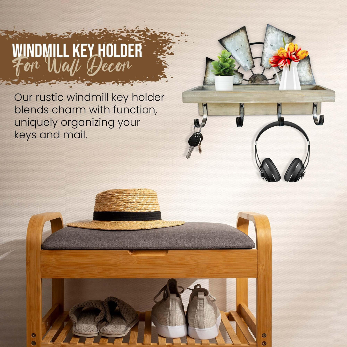 Rooty Heart Windmill Key Holder for Wall Mount, Key and Mail Holder for Wall with Key Shelf, Keys Holder on Wall, Farmhouse Decor Rooty Heart