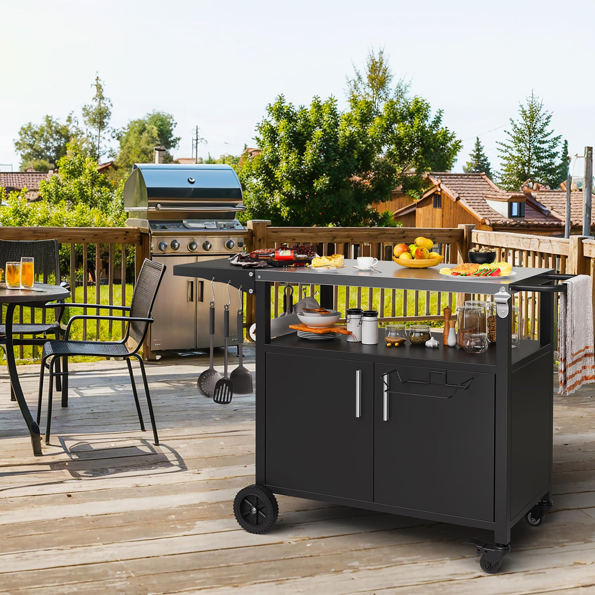 Shintenchi Outdoor Grill Cart Table with Stainless Steel Top for Kitchen Prep and BBQ, Outdoor Kitchen Island Table with Side Handle, Multifunctional Outdoor Grill Table, Black Shintenchi