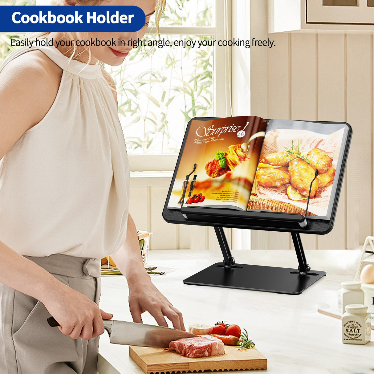 BESIGN BS01 Book Stand for Reading, Adjustable Book Holder, Ergonomic Laptop Stand with Elastic Page Clips for Music Scores, Recipe, Tablet, Laptop (Black) BESIGN