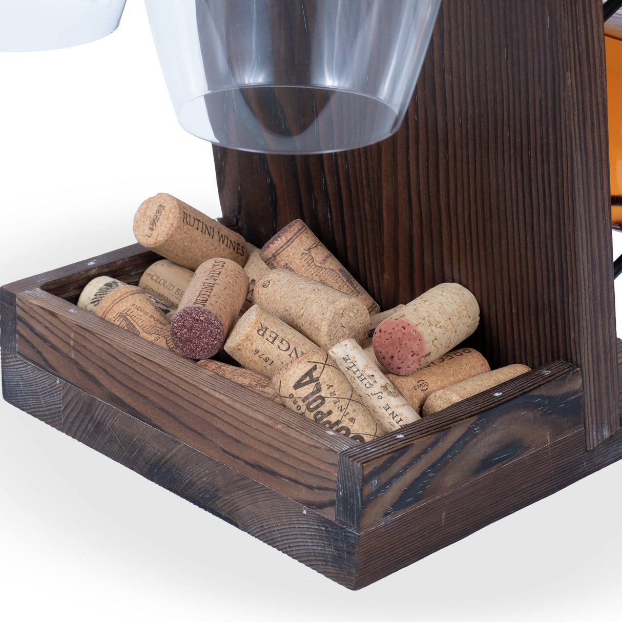 Rustic State Rueda Tabletop Wine Rack for 4 Bottles with 2 Stemware Glass Holder and Cork Storage Countertop Tray Freestanding Bar Organizer, Walnut Rustic State