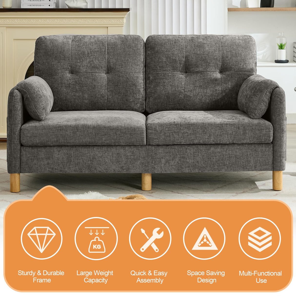 WUTUTUEE 65" Chenille Loveseat Sofa, Modern 2 Seater Love Seat Couch with Armrest Pillows & Pockets, Upholstered Tufted Loveseat Couches for Living Room Bedroom, Easy Assembly, Light Grey WUTUTUEE