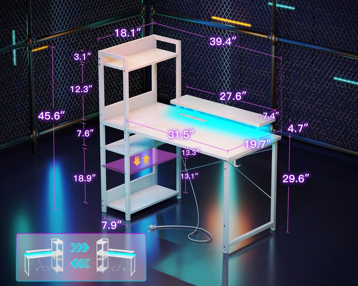 ODK Reversible Gaming Desk with USB Charging Port and LED Lights, 40 Inch Computer Desk with Storage Shelves & Monitor Stand, Writing Study Table for Home Office, Small Space Bedroom, White ODK