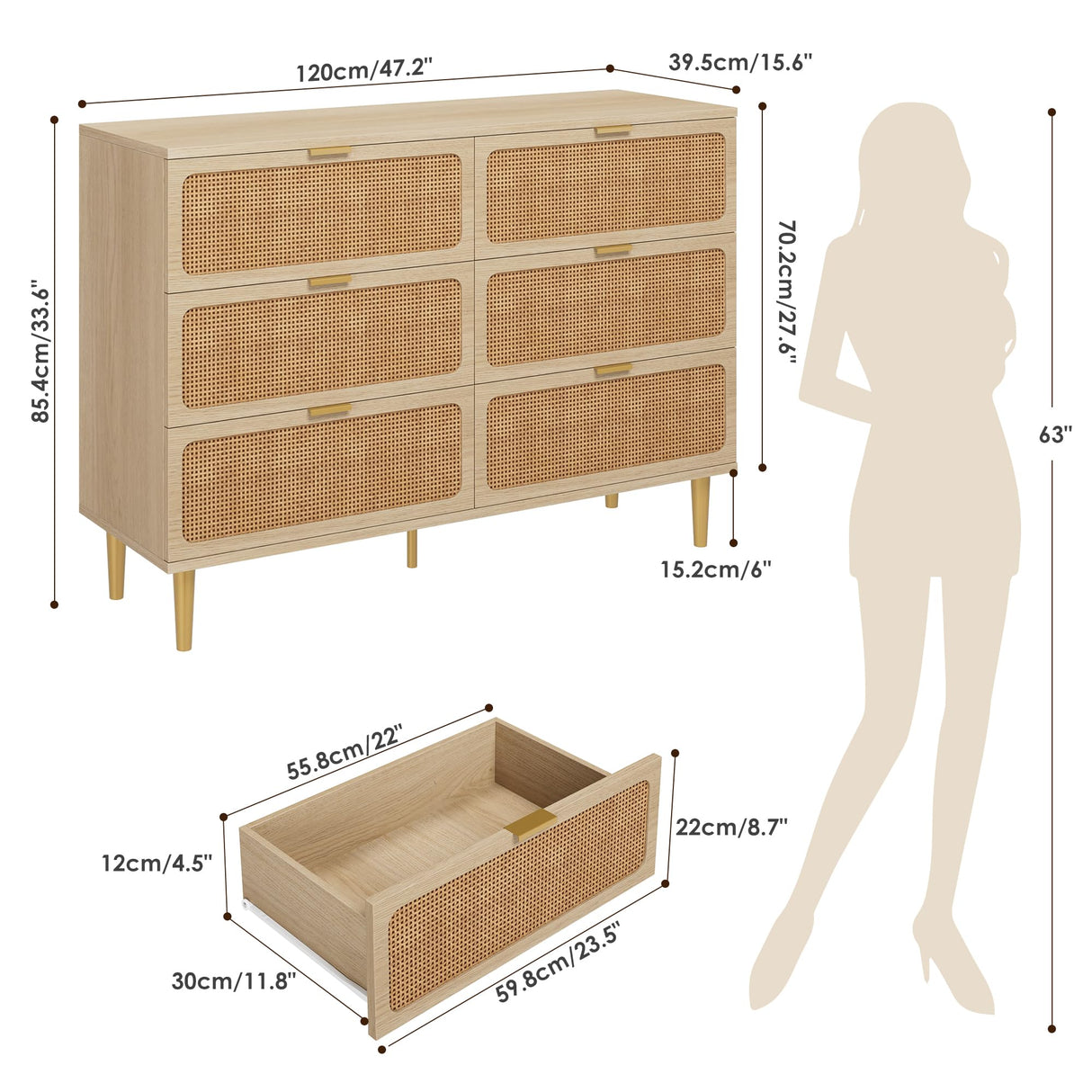 Rattan 6 Drawer Dresser for Bedroom, Large Double Dresser with Deep Drawers, Chest of Drawers for Closet with Wide Top, Long Wooden Dresser for Living Room, Hallway, Kids Room, Natural GarveeHome