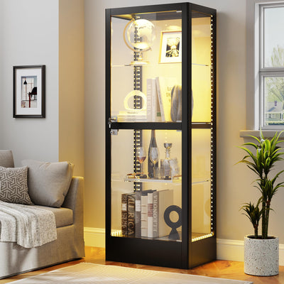 Lucky Monet Glass Display Cabinet with 13 Color LED Lights and Lock, 4-Tier Lighted Curio Cabinet with Doors & Adjustable Shelves, Glass Display Case for Collectibles Liquor - 23.6" Wide Black