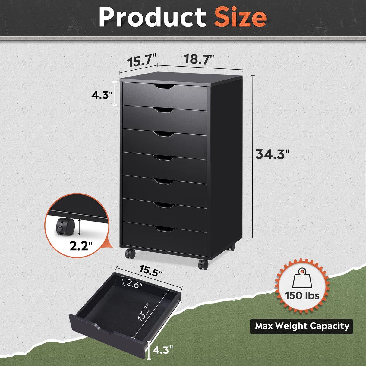 DEVAISE 5-Drawer Chest, Wood Storage Dresser file Cabinet with Wheels, Black DEVAISE