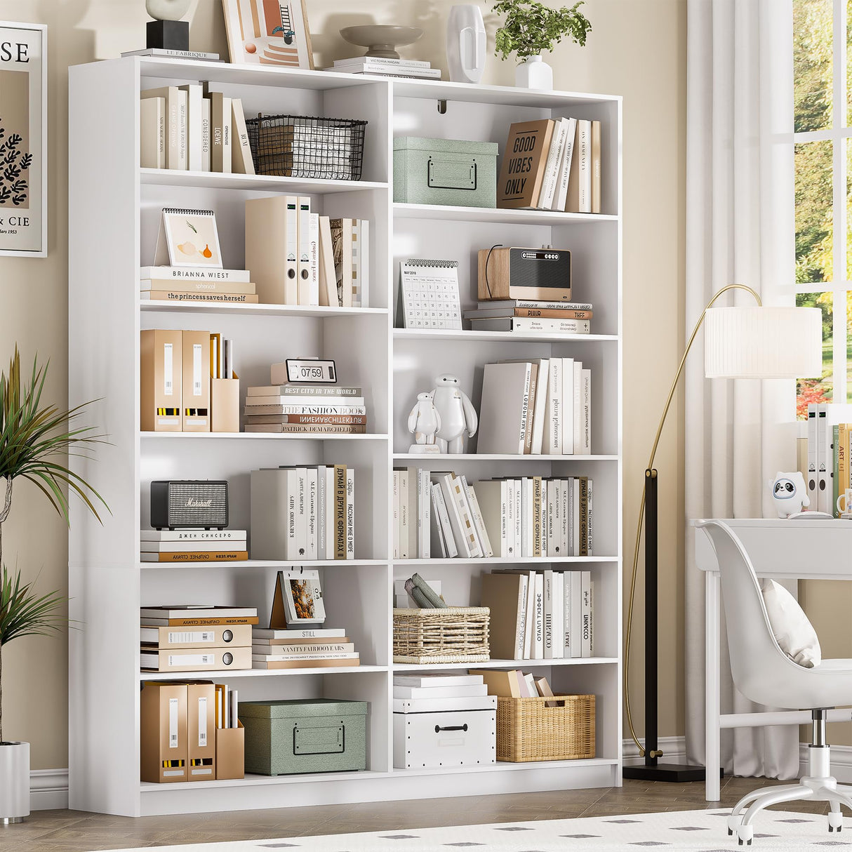 6 Tier Large Bookshelves, 70.8 Inch Tall Bookshelf and Bookcases for Living Room, Study Room, Home Office Library,White Bookcase with 12 Open Shelves. Odeekea