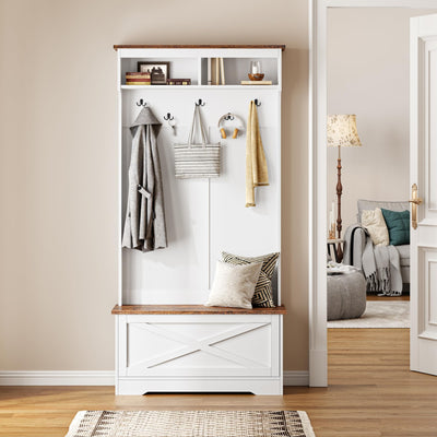 SogesHome Hall Tree with Bench, Coat Rack Close Storage with Shoe Bench, Farmhouse Tree Hall with 2 Storage Cabinet, 5 Hooks, Narrow Tall Cabinet for Entryway and Space Saving