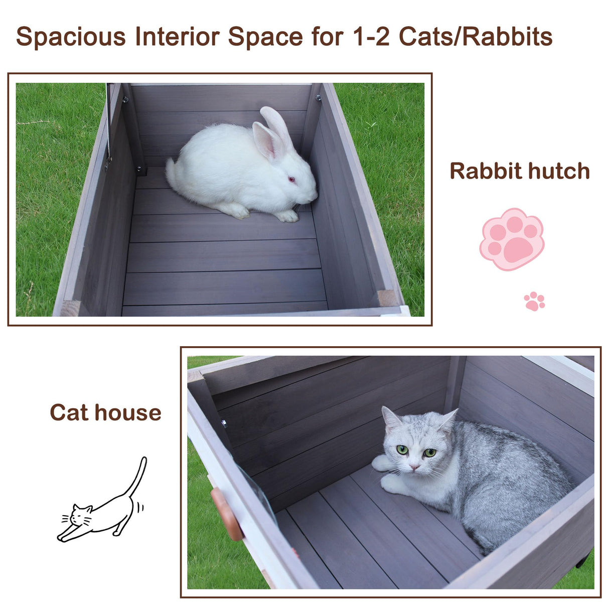 Rockever Outdoor Cat House,Outdoor cat Houses for Feral Cats Weatherproof Rabbit Hutch Small, Wooden Small Pet House and Habitats-Grey with Mat Rockever